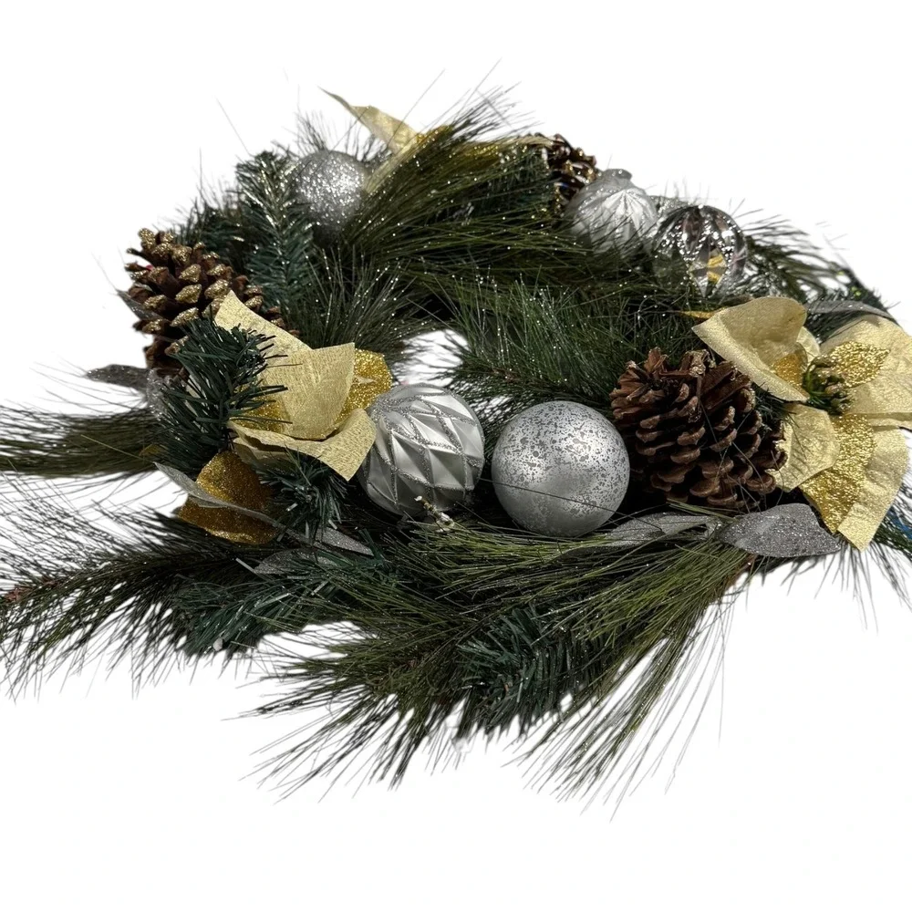 Christmas Wreath‎ Holiday Pine Cone Ornament Gold Silver Decor 15 Inch
